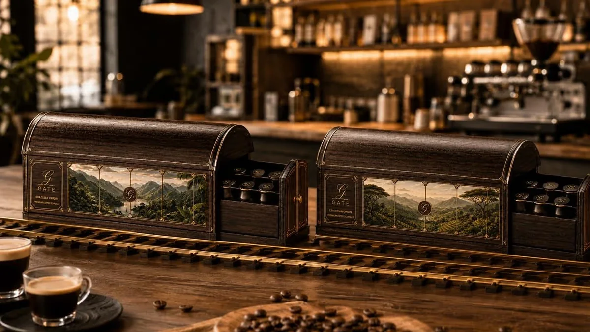 Gate, coffrets café premium sur comptoir de bar