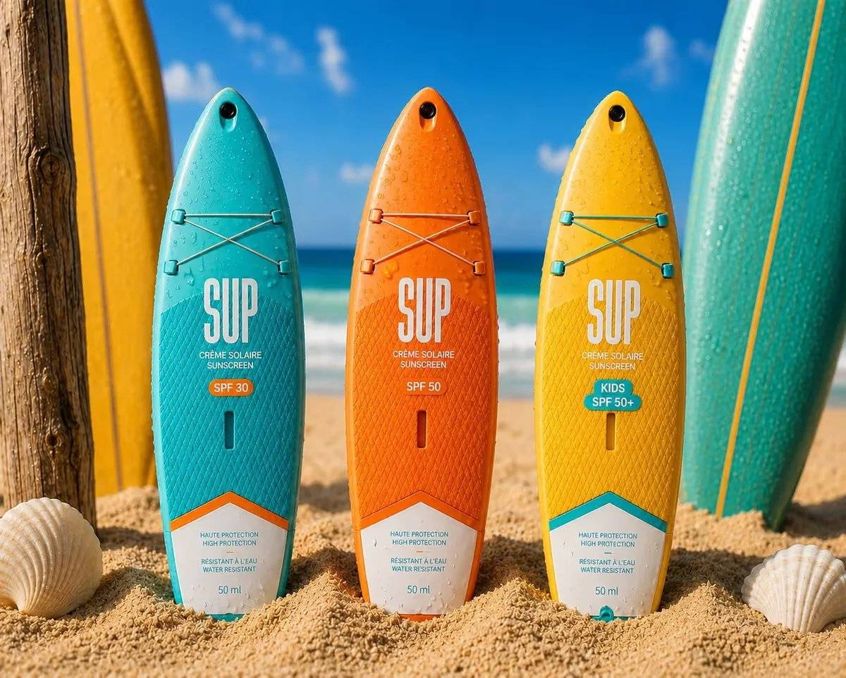 SUP Sunscreen, packaging crème solaire inspiré du stand up paddle